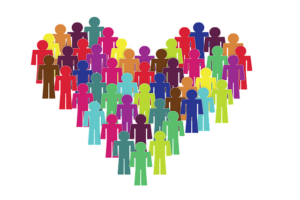 Colourful people templates forming a heart shape to represent inclusion