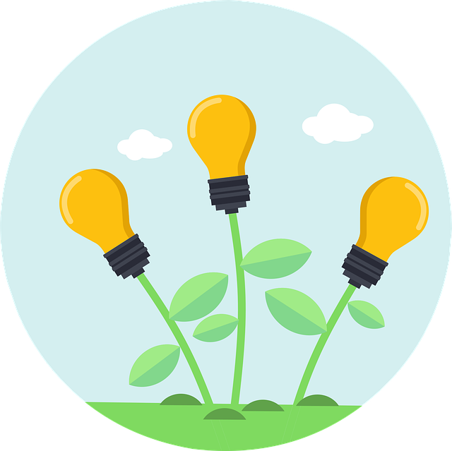 Illustration showing three yellow light bulbs growing on green stems with leaves against a blue sky, representing ideas, growth and wellbeing.