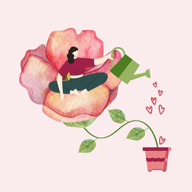 Illustration of a person sitting within a large flower and watering a growing plant, representing self‑care, nurture and personal wellbeing.